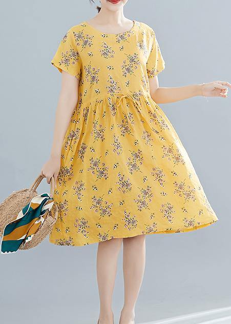 Beautiful yellow print Cotton Tunics o neck drawstring summer Dresses