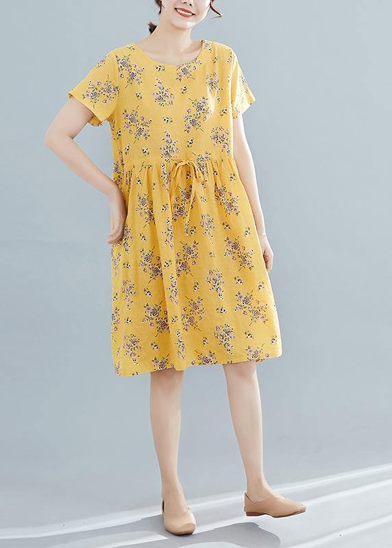 Beautiful yellow print Cotton Tunics o neck drawstring summer Dresses