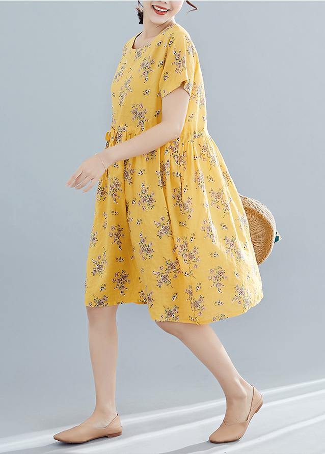 Beautiful yellow print Cotton Tunics o neck drawstring summer Dresses