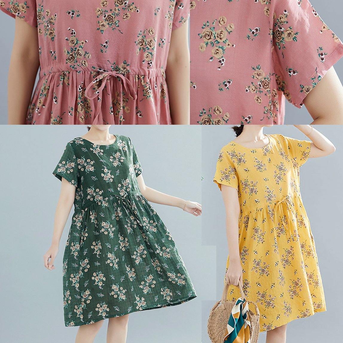 Beautiful yellow print Cotton Tunics o neck drawstring summer Dresses