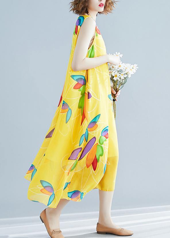 Beautiful yellow print chiffon Robes Korea Tutorials o neck false two pieces long Summer Dress