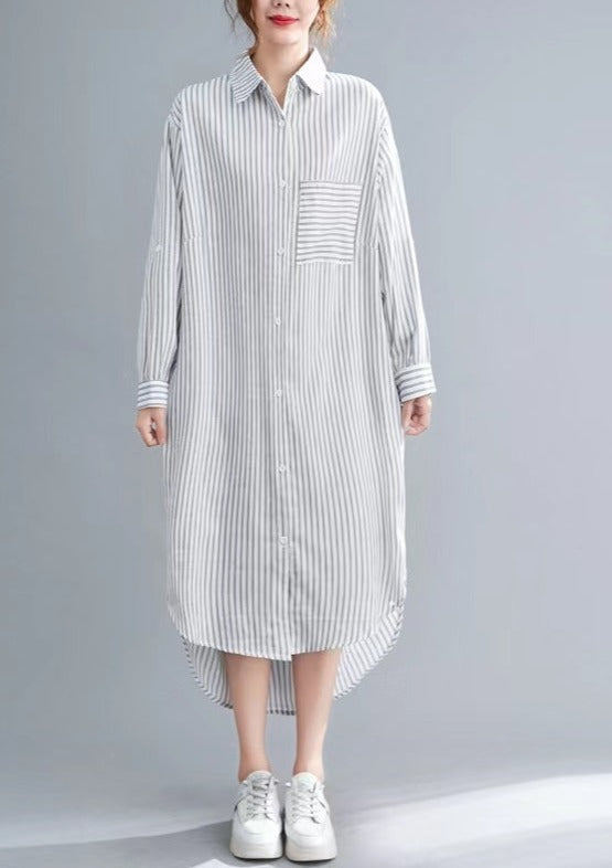 Beautiful nude white striped linen clothes For Women Korea Sewing side open Dresses lapel collar Dresses