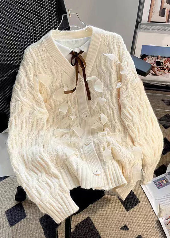 Beige Cozy Patchwork Knit Coats V Neck Long Sleeve