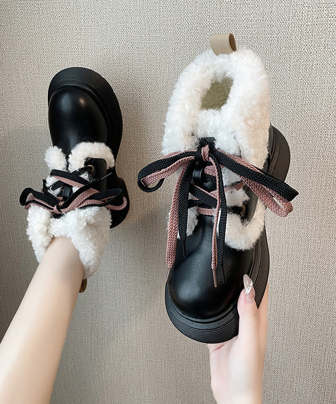 Beige Fuzzy Wool Lined Lace Up Splicing Platform Boots