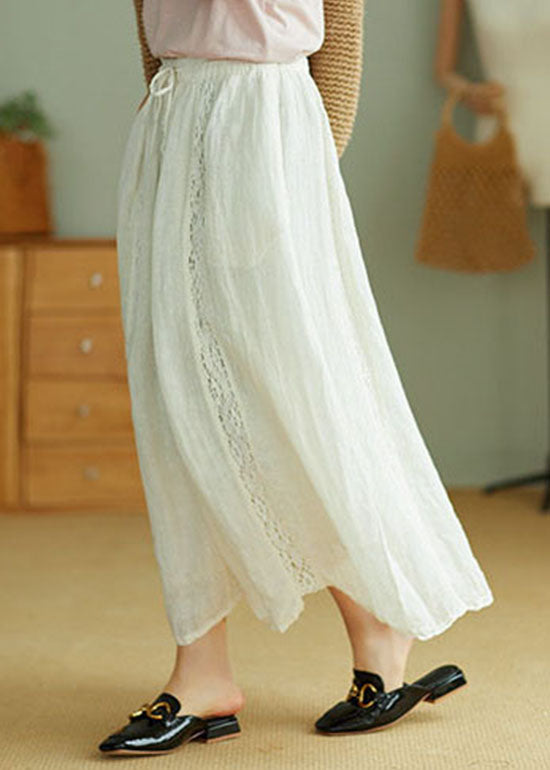 Beige Linen A Line Skirts Tie Waist Spring