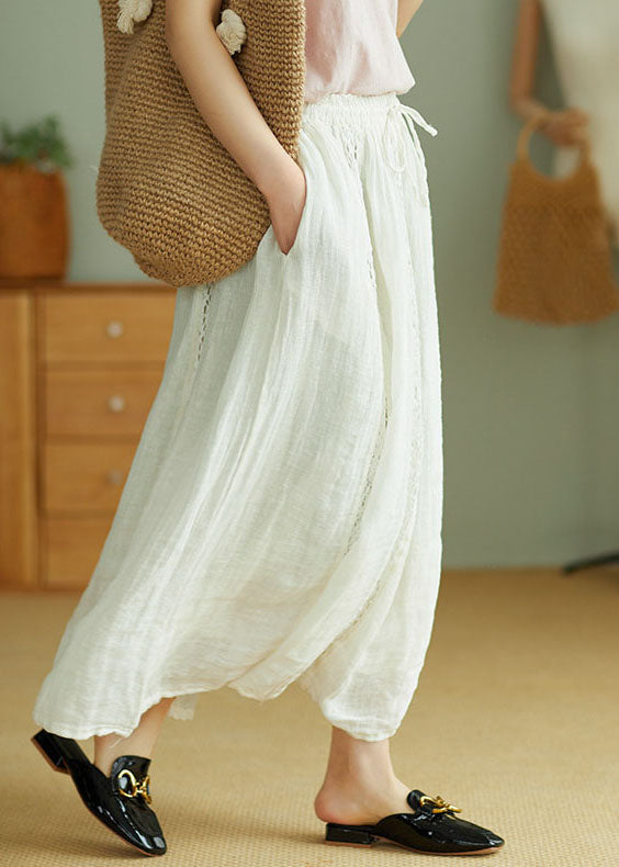 Beige Linen A Line Skirts Tie Waist Spring