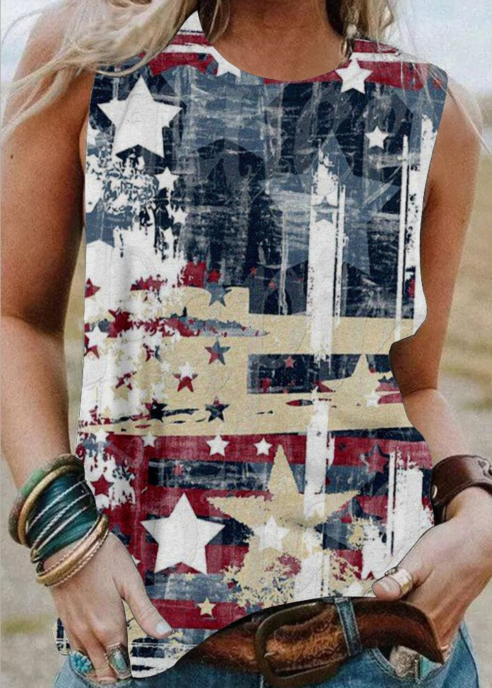 Beige Original Design Independence Day Print Cotton Tanks O-Neck Summer