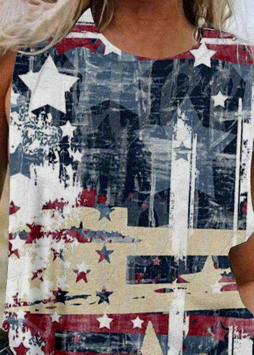 Beige Original Design Independence Day Print Cotton Tanks O-Neck Summer