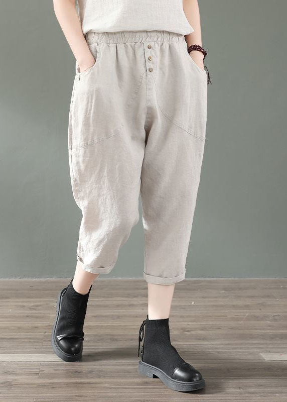 Beige Pockets Patchwork Linen Crop Pants Summer