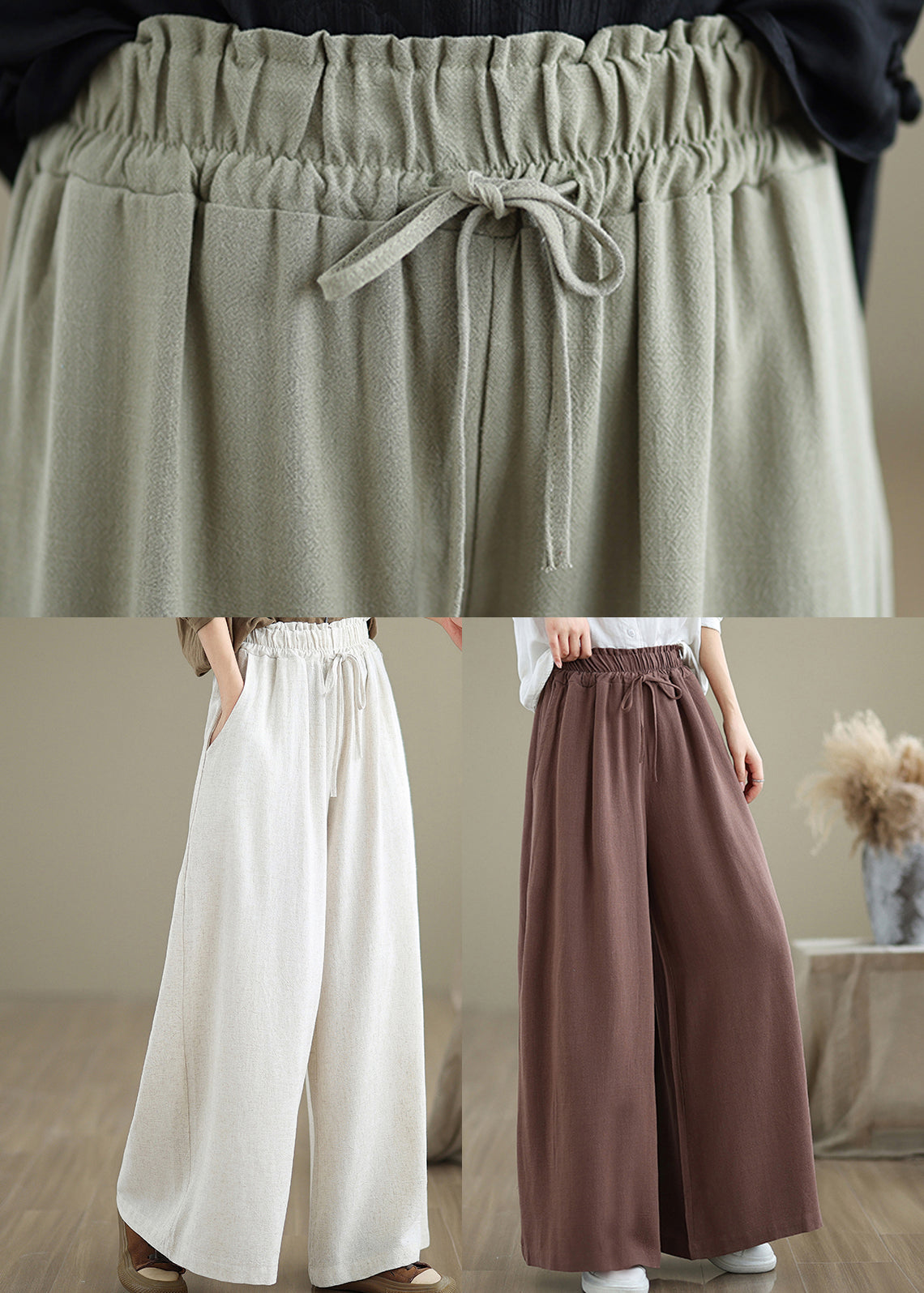 Beige Pockets Simple Cotton Wide Leg Pants Drawstring Fall