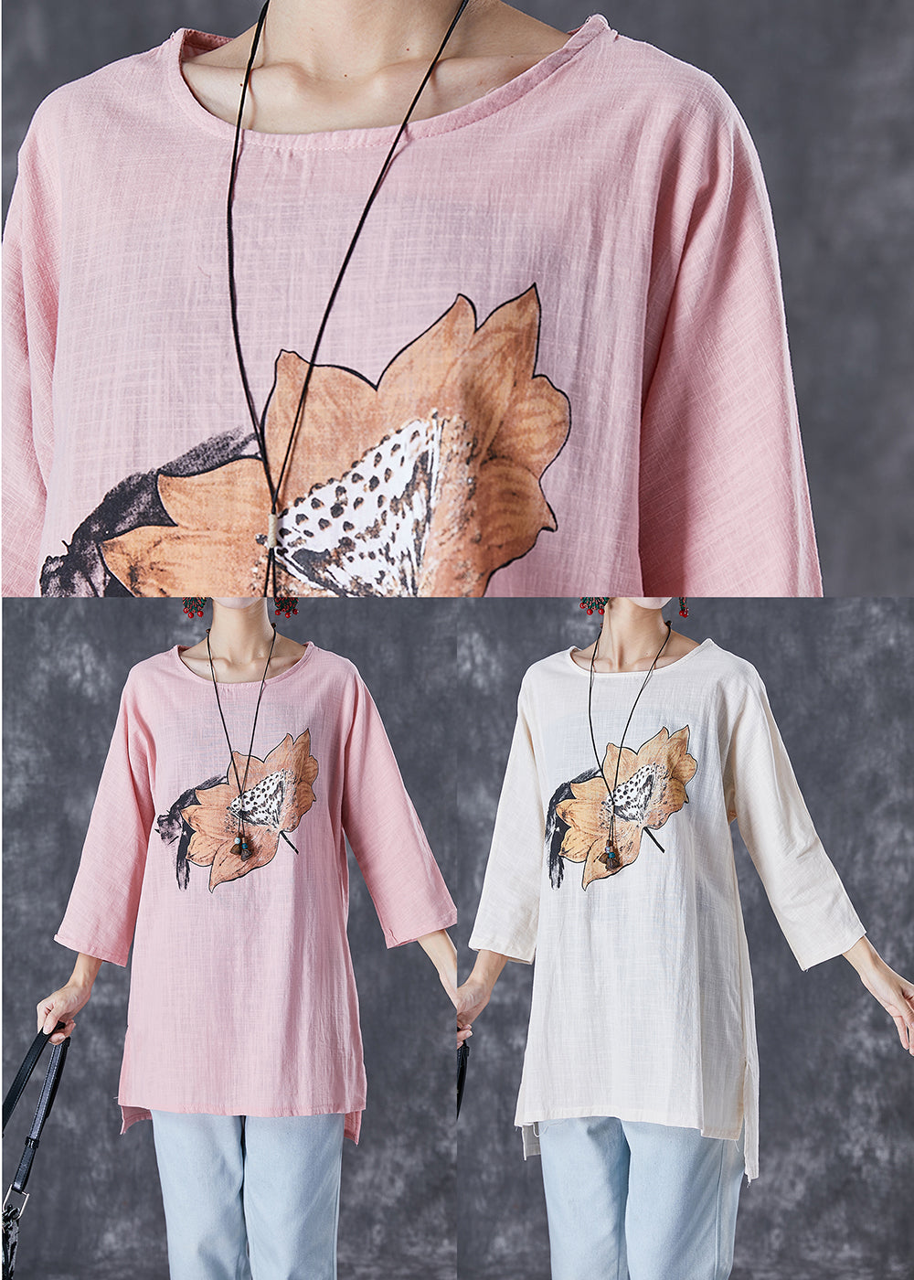 Beige Print Linen Tops Low High Design Fall