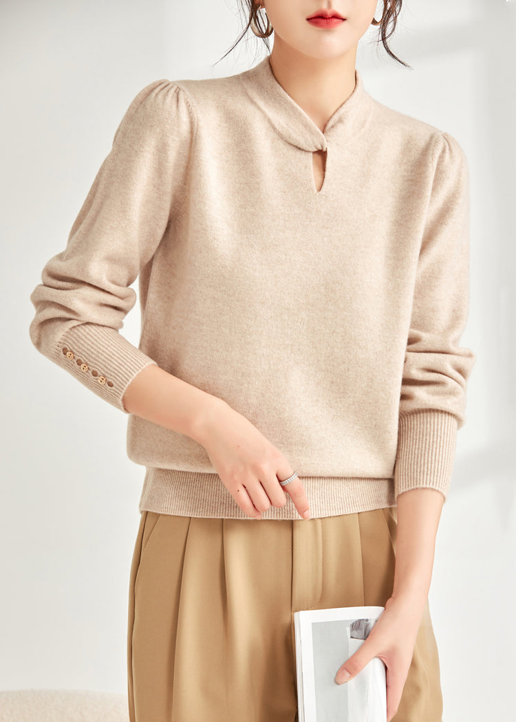 Beige Solid Loose Wool Knit Sweater Hollow Out Spring