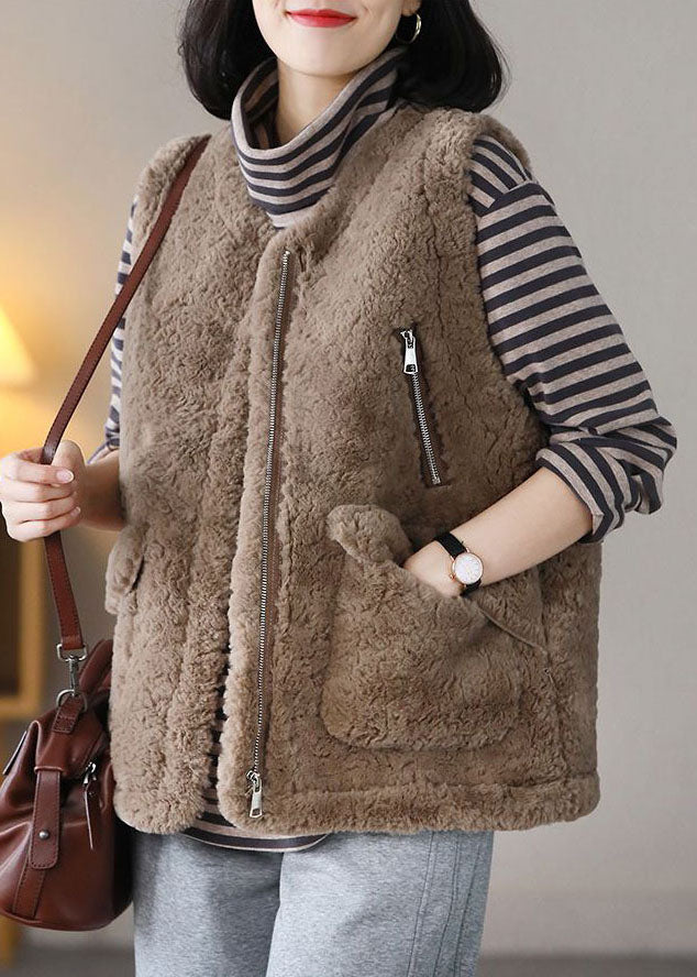 Beige Thick Fuzzy Fur Fluffy Waistcoat Zip Up Spring