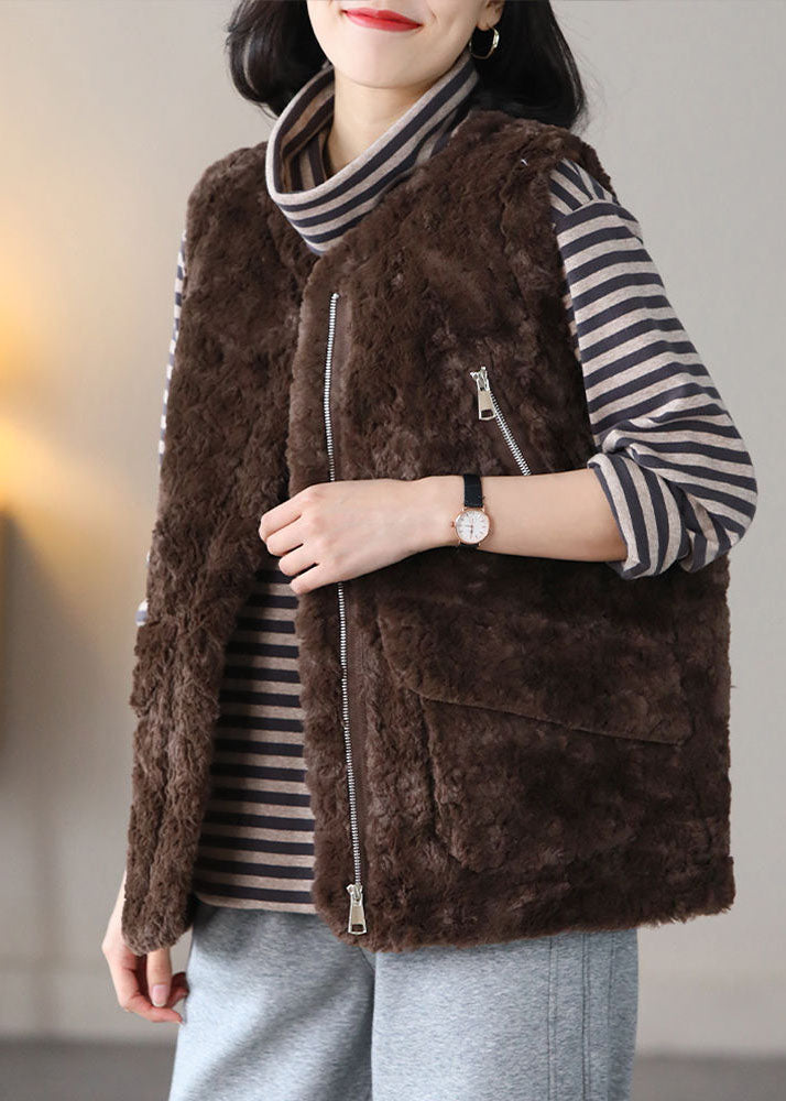 Beige Thick Fuzzy Fur Fluffy Waistcoat Zip Up Spring