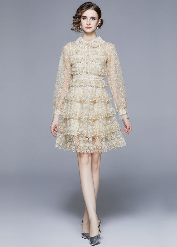 Beige Tulle Holiday Dress Peter Pan Collar Layered Ruffles Long Sleeve