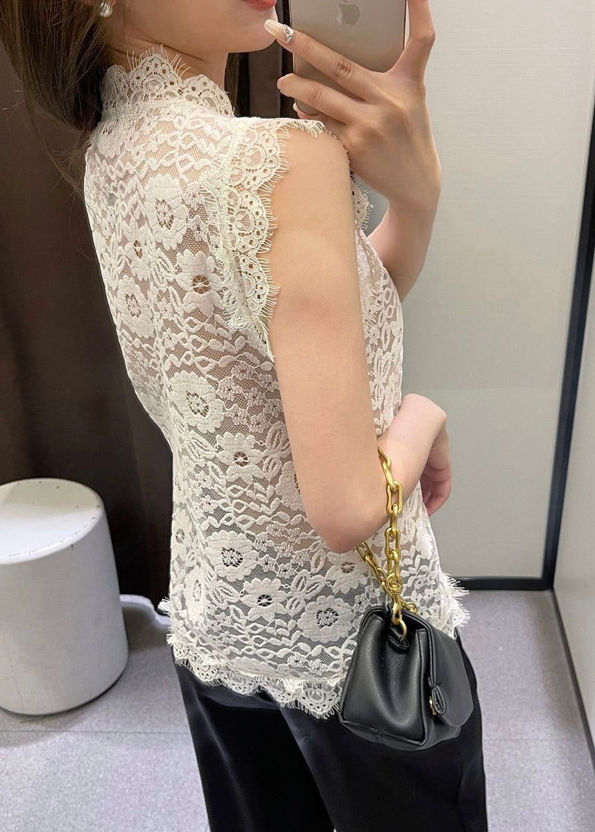 Beige V Neck Button Lace Vest Summer