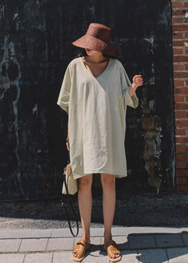 Beige V Neck Linen Mid Dress Flare Sleeve