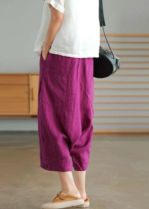 Red Geometry Women Casual Solid Color Linen Pocket Pants