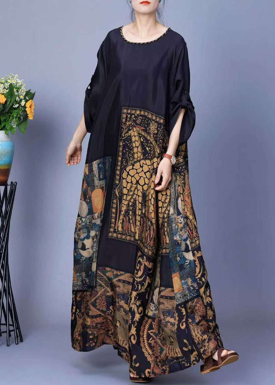 Black Button Patchwork Silk Long Dress O Neck Spring