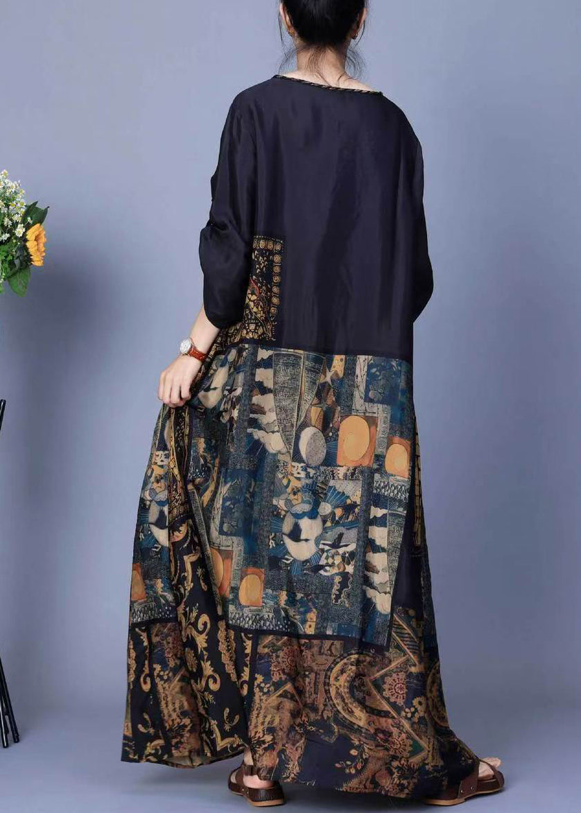 Black Button Patchwork Silk Long Dress O Neck Spring