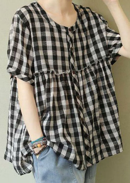 Black Button Plaid Patchwork Cotton Tops Half Sleeve