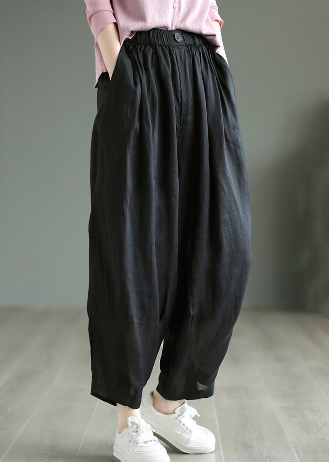 Black Casual Pockets Linen Pants Elastic Waist Summer