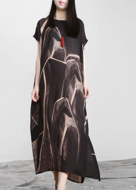 Black Chocolate Print Asymmetric Long Dresses O Neck