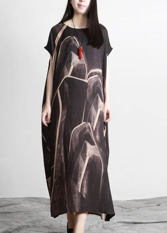 Black Chocolate Print Asymmetric Long Dresses O Neck