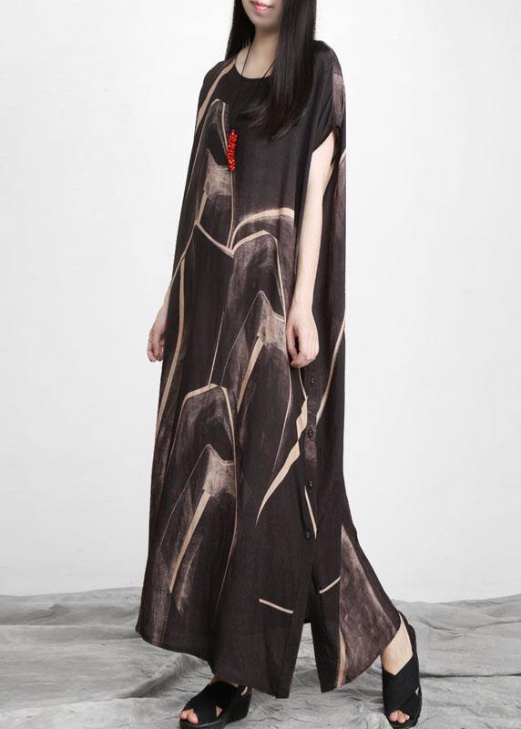 Black Chocolate Print Asymmetric Long Dresses O Neck