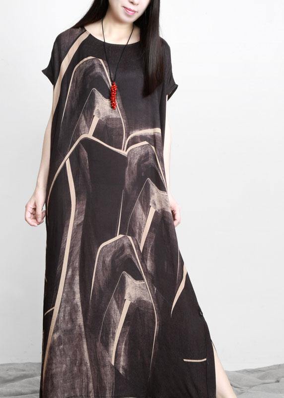 Black Chocolate Print Asymmetric Long Dresses O Neck