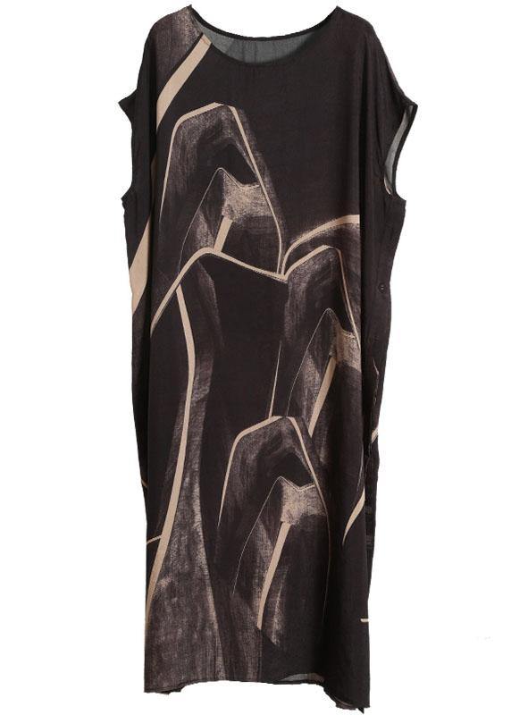 Black Chocolate Print Asymmetric Long Dresses O Neck