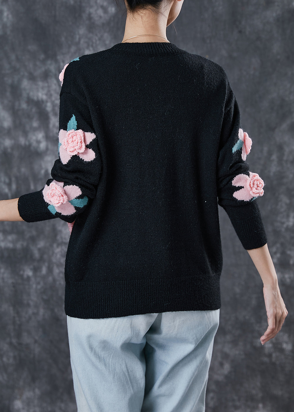 Black Cozy Knit Cardigans Stereoscopic Floral Spring