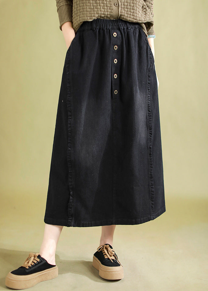 Black Denim Holiday Skirts Elastic Waist Ruffled Spring