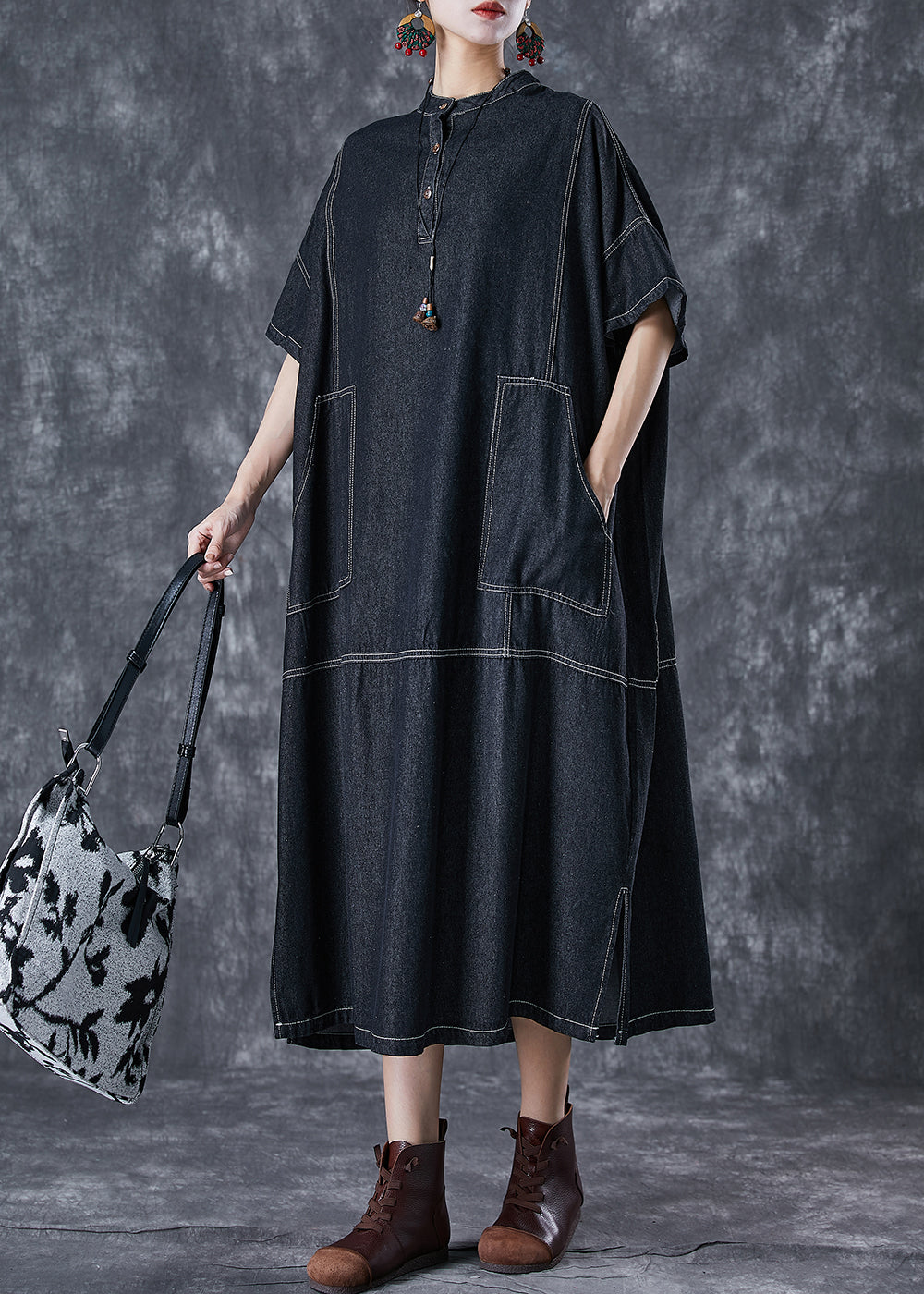 Black Denim Vacation Dresses Stand Collar Pockets Summer