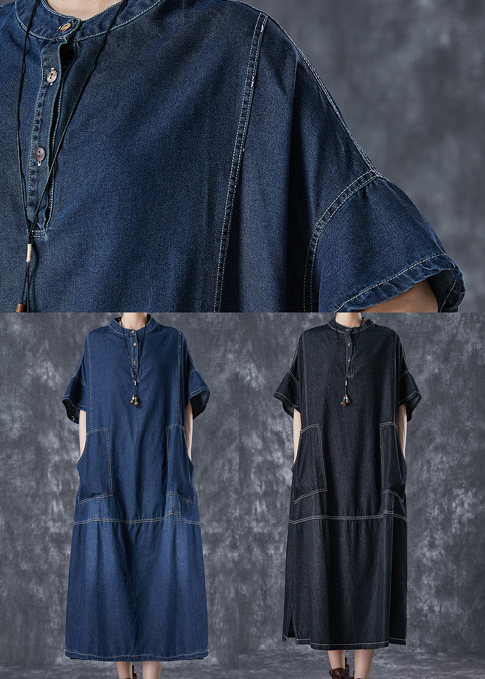 Black Denim Vacation Dresses Stand Collar Pockets Summer