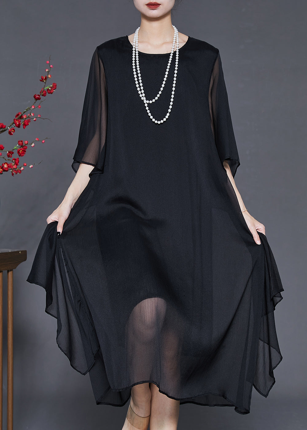 Black Draping Chiffon Maxi Dresses Oversized Summer