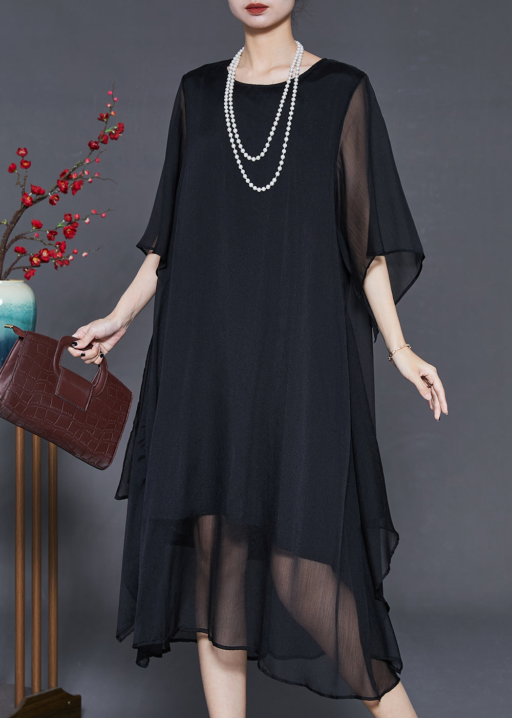 Black Draping Chiffon Maxi Dresses Oversized Summer