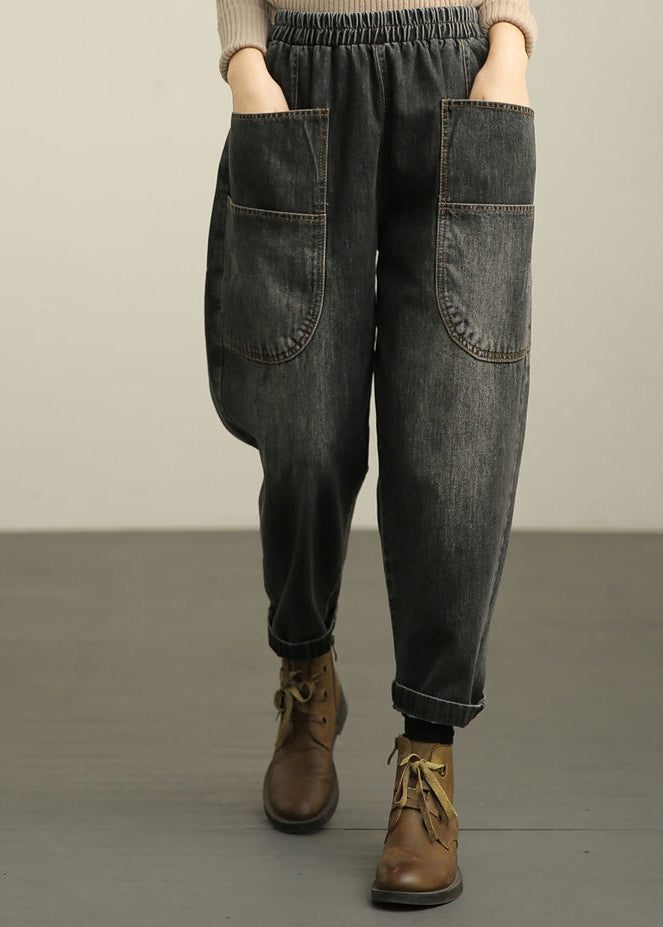 Black Elastic Waist Denim Harem Pants Fall