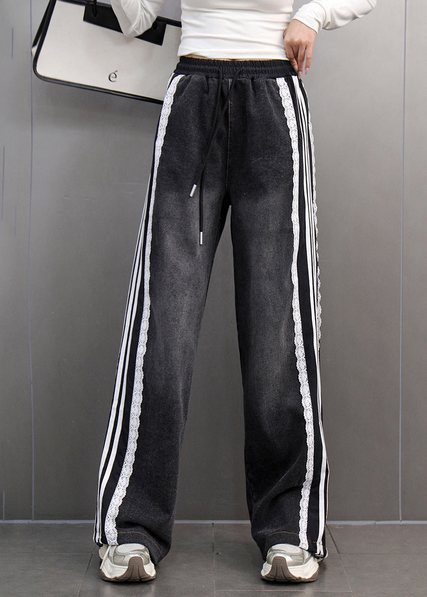 Black Elastic Waist Tie Waist Straight Denim Pants