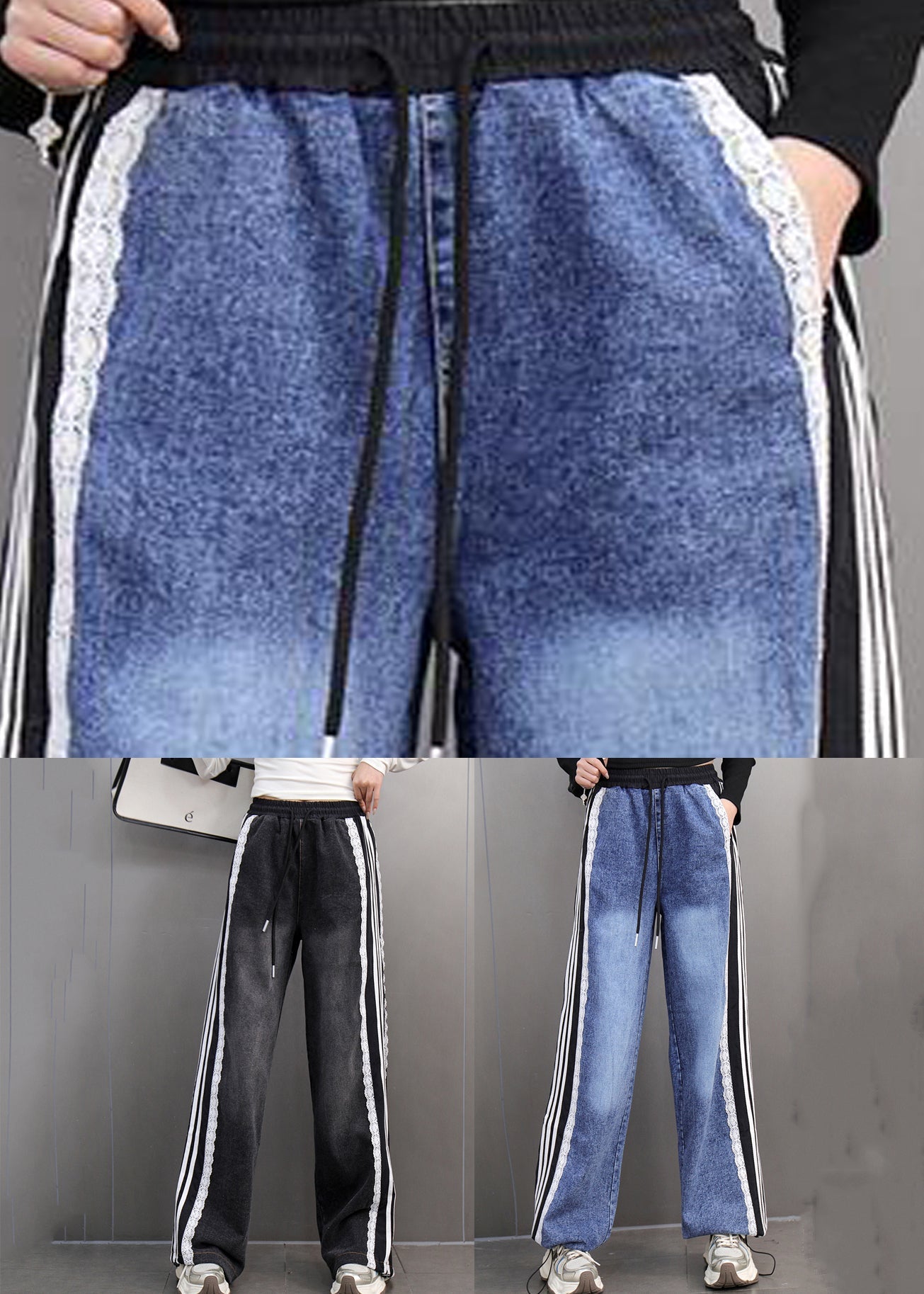 Black Elastic Waist Tie Waist Straight Denim Pants