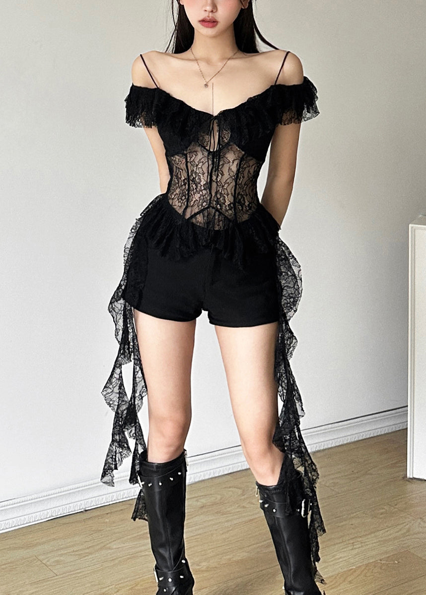 Black Hollow Out Lace Spaghetti Strap Tank Asymmetrical Short Sleeve