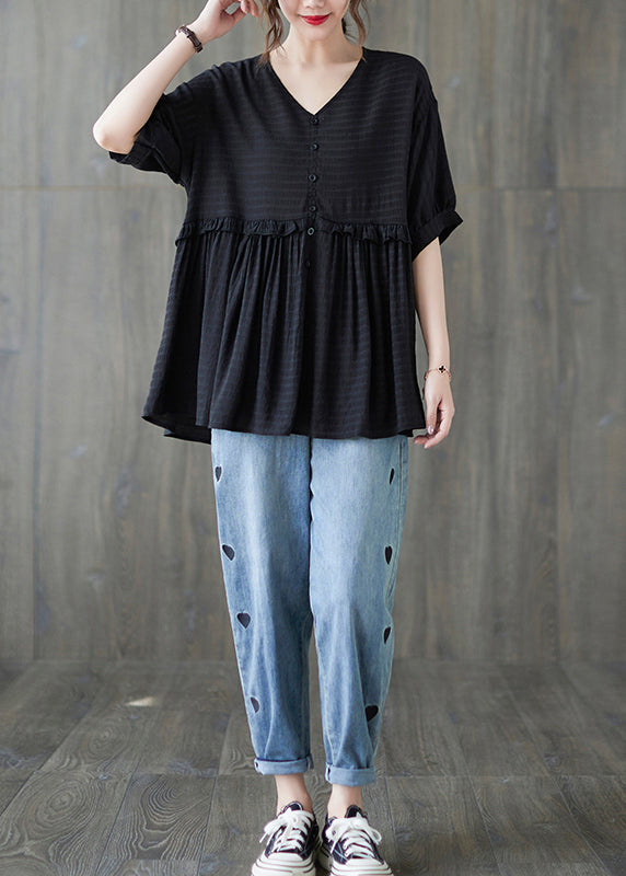 Black Loose Tanks Top Button Cinched Short Sleeve