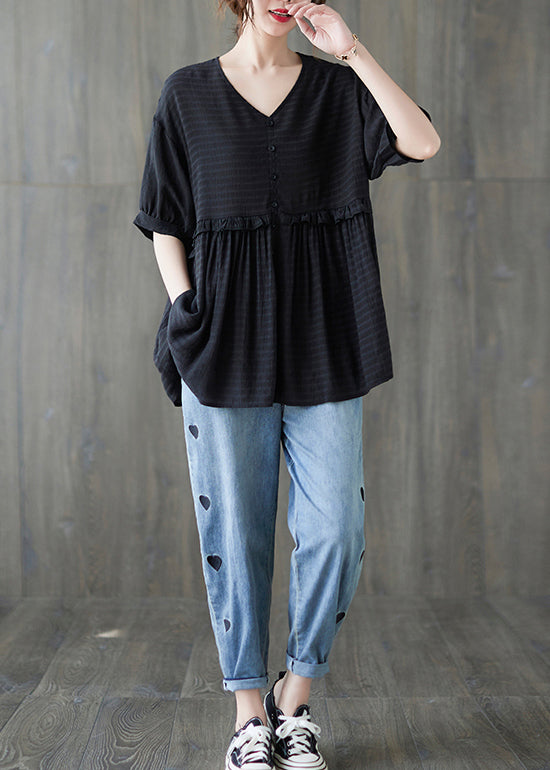 Black Loose Tanks Top Button Cinched Short Sleeve