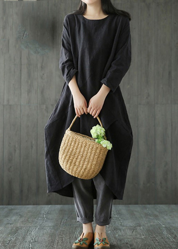 Black O-Neck Asymmetrical Linen Long Dress Long Sleeve