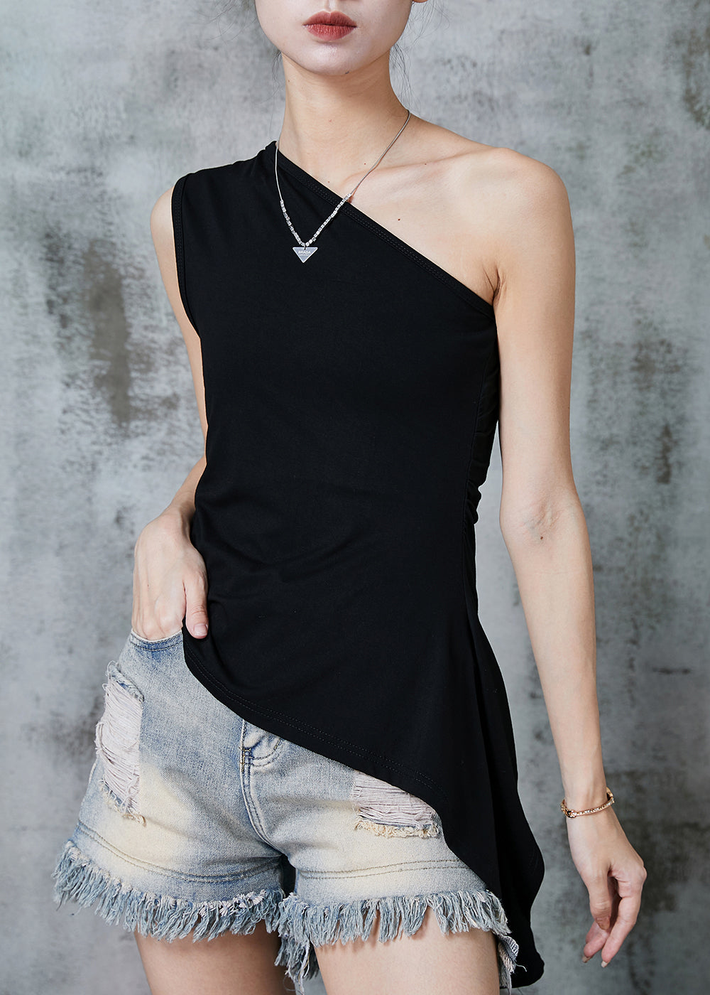 Black One Shoulder Cotton Top Asymmetrical Design Summer