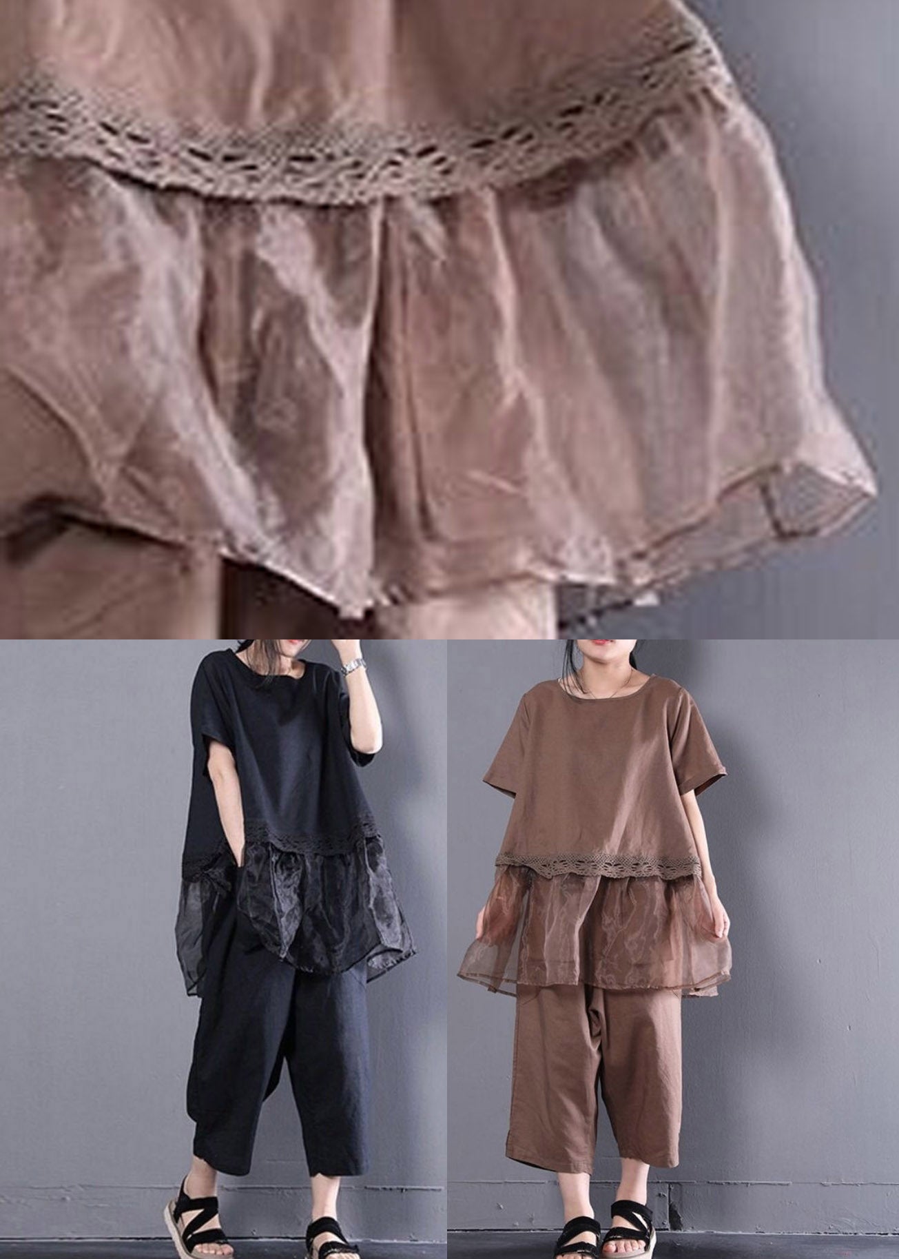 Black Oversized Organza Patchwork Top And Harm Pants Two Pieces Set Summer