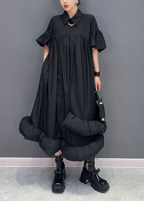 Black Patchwork Cotton Long Dresses Peter Pan Collar Wrinkled Summer