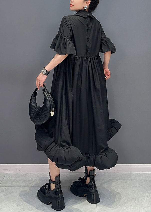 Black Patchwork Cotton Long Dresses Peter Pan Collar Wrinkled Summer