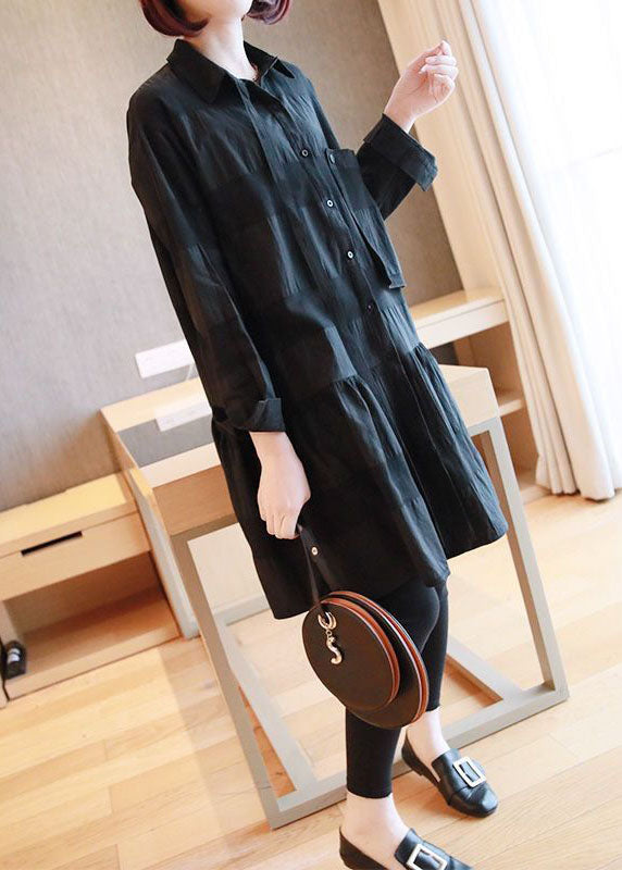 Black Patchwork Cotton Shirt Dresses Oversized Spring