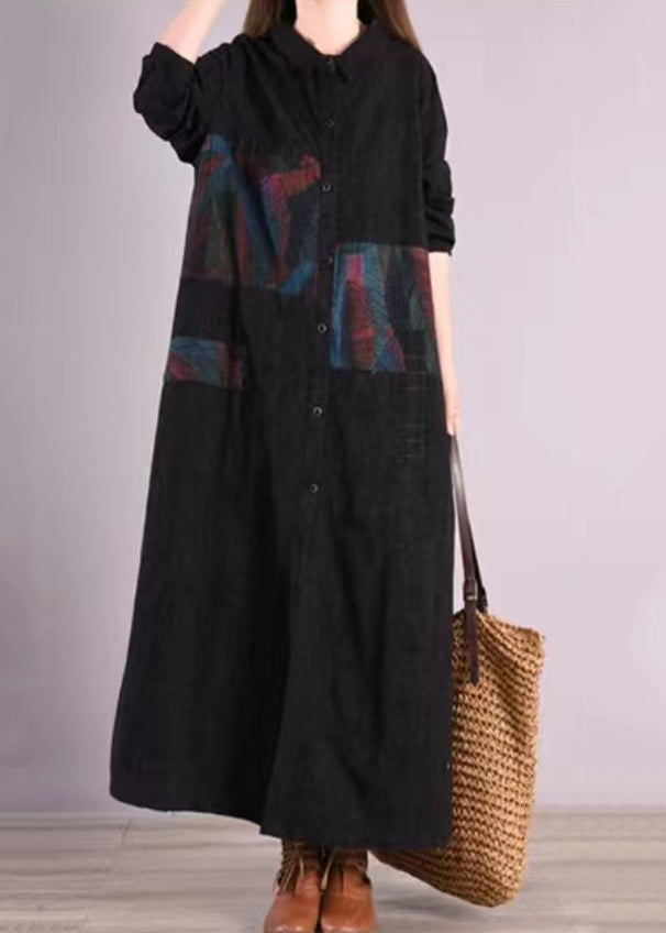 Black Patchwork Cotton Shirts Dresses Peter Pan Collar Button Fall